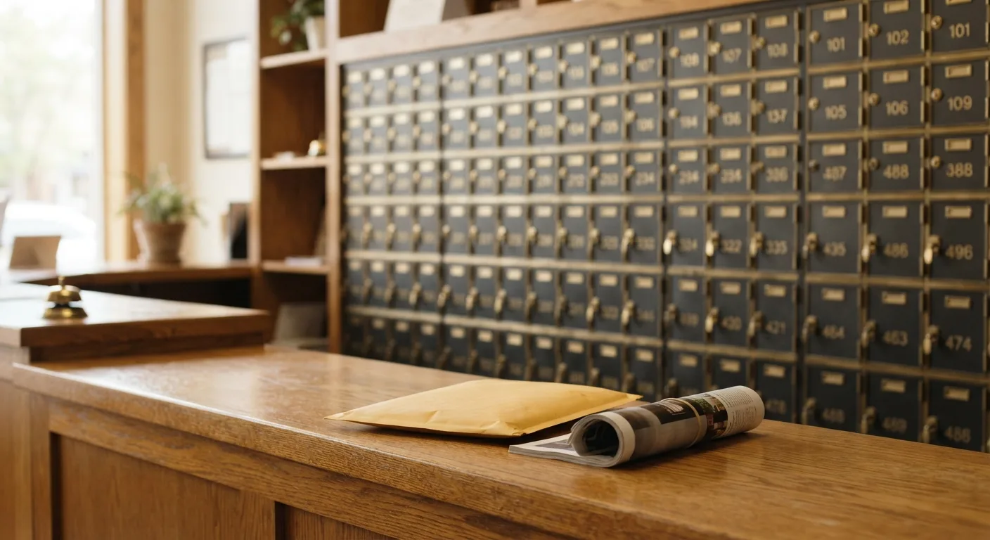 A numbered row of private mailbox doors with brass locks beside a mail counter