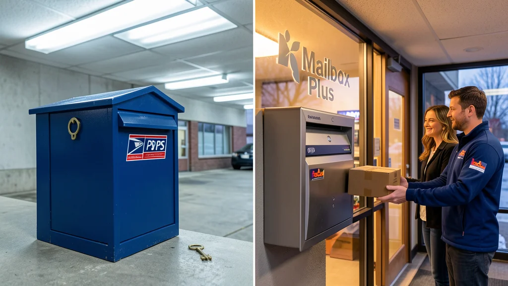 A real street-address mailbox at Mailbox Plus with a FedEx package clearly visible through the front door, next to a traditional PO Box with mail slot only