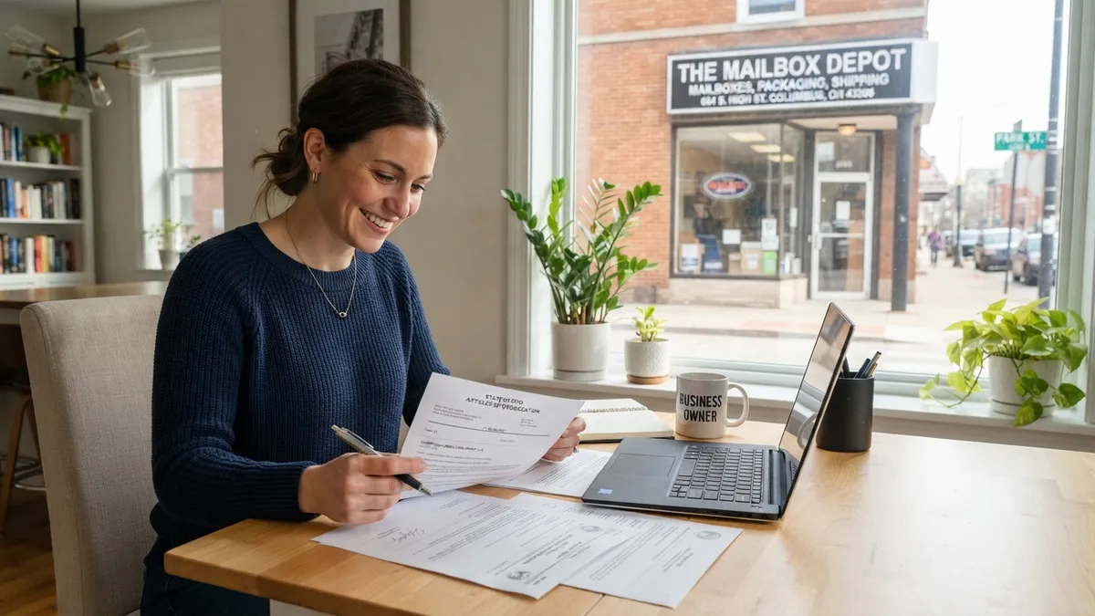 A new LLC owner reading Ohio Articles of Organization paperwork at a kitchen table, with a mailbox storefront showing a real street address behind them — Mailbox Plus mailbox rentals serving Lake County, OH.