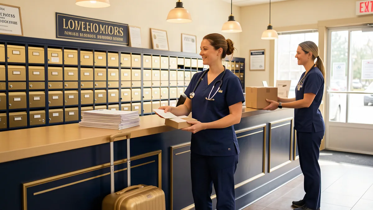 A traveling nurse in scrubs with a stethoscope and a rolling suitcase picking up mail and a signed-for package at the counter at Mailbox Plus in Concord Township, Ohio, a staff member handing over the package