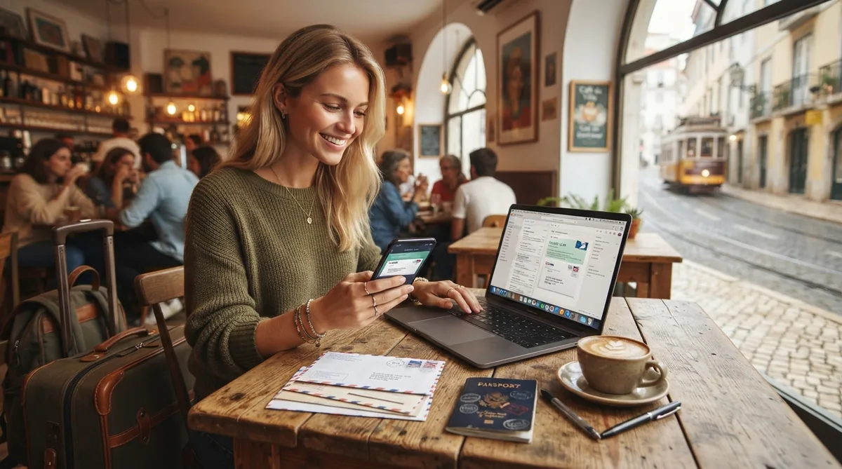 A digital nomad working from a laptop on a wooden table beside a suitcase, with a scan of an envelope showing on the screen and a stack of mail waiting to be managed remotely — Mailbox Plus mailbox rentals serving Lake County, OH.
