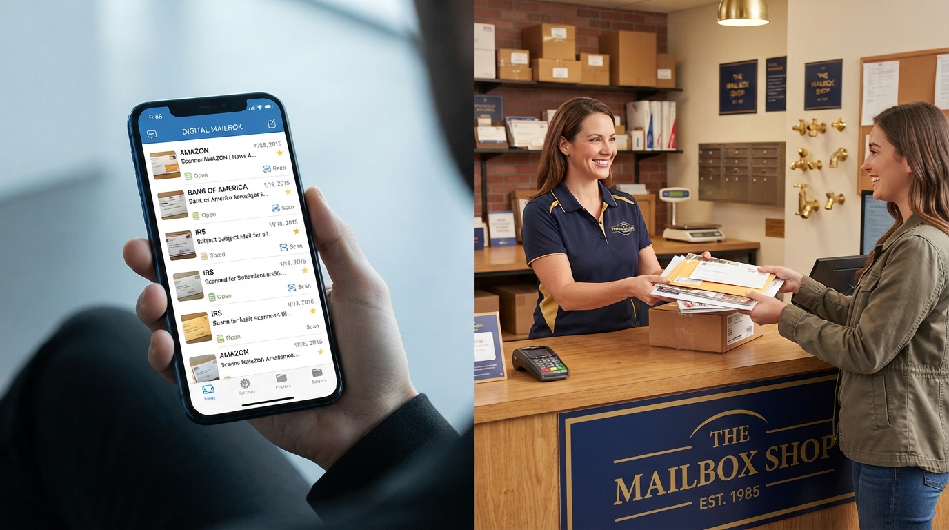 A split scene comparing a phone app screen showing scanned mail envelopes with a friendly local store counter at Mailbox Plus in Concord Township, Ohio