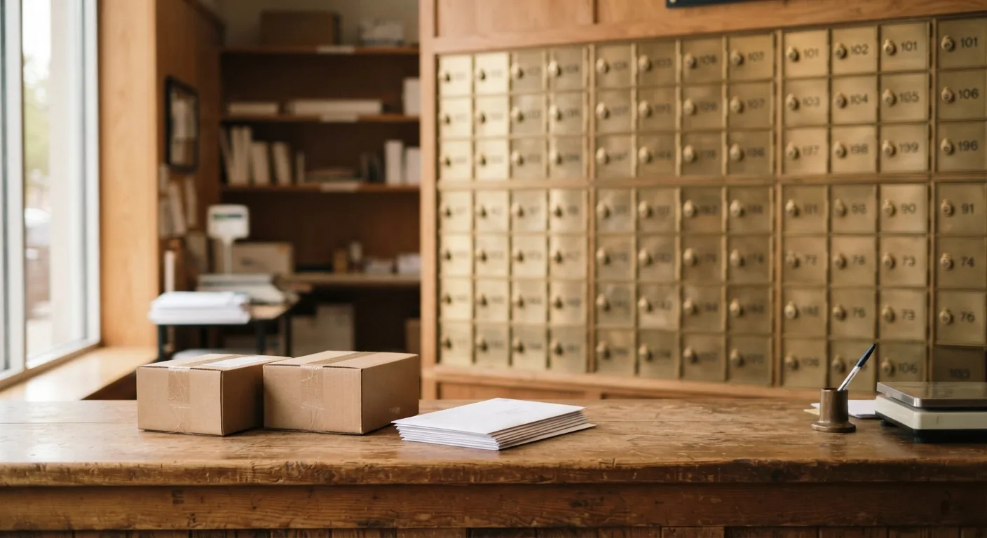 A wall of numbered private mailbox doors at a staffed mail store in Concord Township, Ohio, with a parcel waiting on the counter beside them.