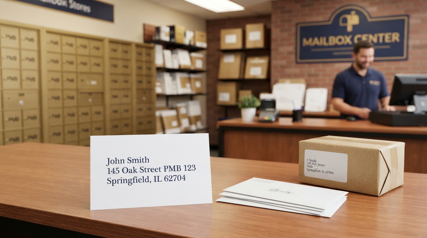 A clean private mailbox address card showing PMB 123 on the address line, next to a stack of envelopes and a small package at a local mailbox store counter — Mailbox Plus mailbox rentals in Concord Township, OH.