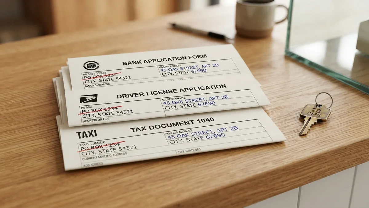 A bank form, a driver license application, and a tax document stacked on a counter, each with a PO box address crossed out in red pen — replaced by a street address — Mailbox Plus mailbox rentals in Concord Township, OH.