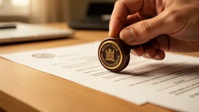 A close-up of a hand stamping a notary seal on a document on a clean wooden counter. Professional, warm, detailed.