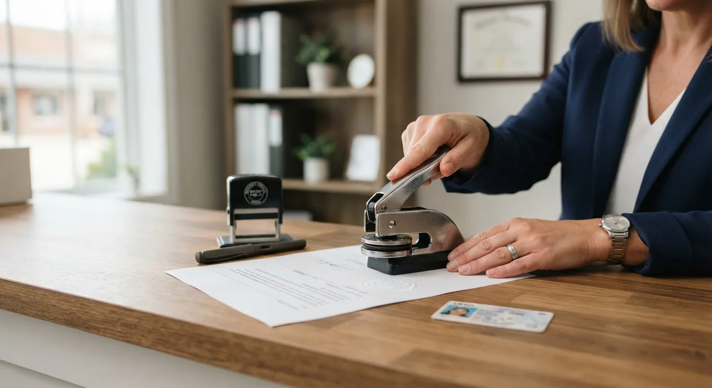 A notary stamp and embossed seal resting beside a signed document on a clean wooden counter, with a driver license and pen nearby.