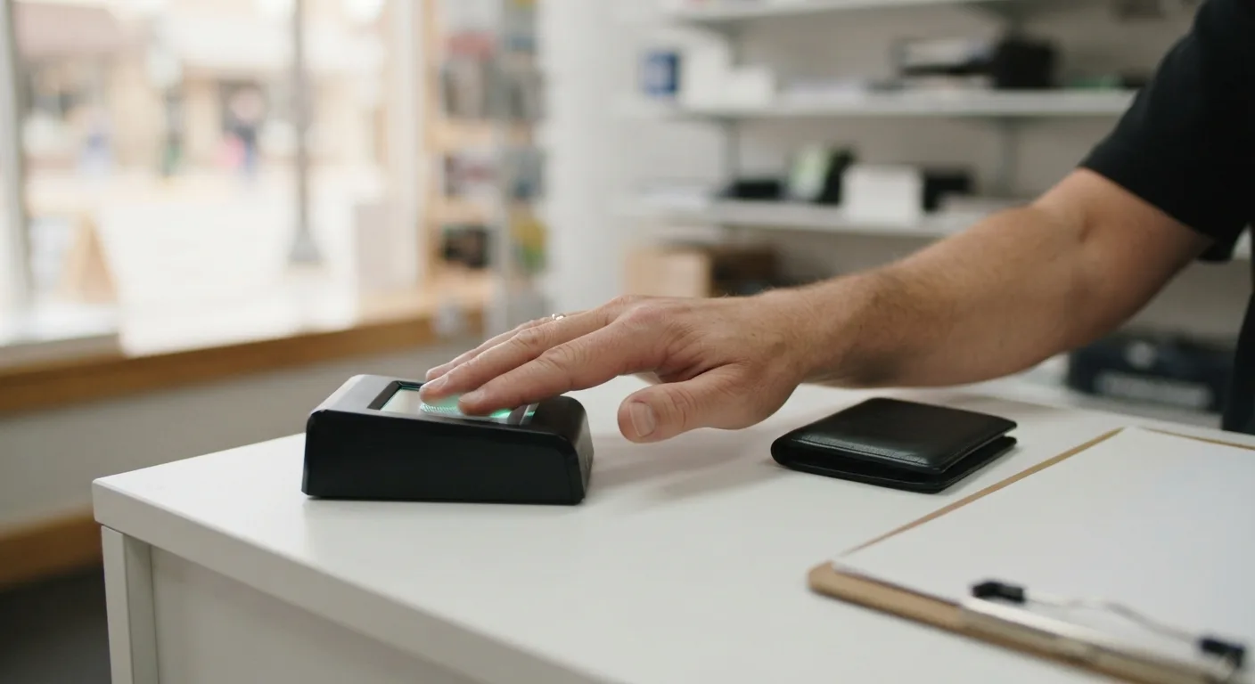 A person placing their hand on a digital fingerprint scanner at a clean retail counter, with no text or logos visible in the frame.