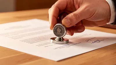 A notary stamp and seal sitting on a signed document on a wooden desk