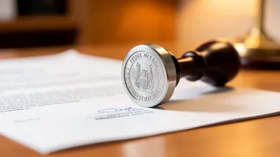 A close-up of a notary seal stamping a document on a clean wooden counter, professional warm lighting
