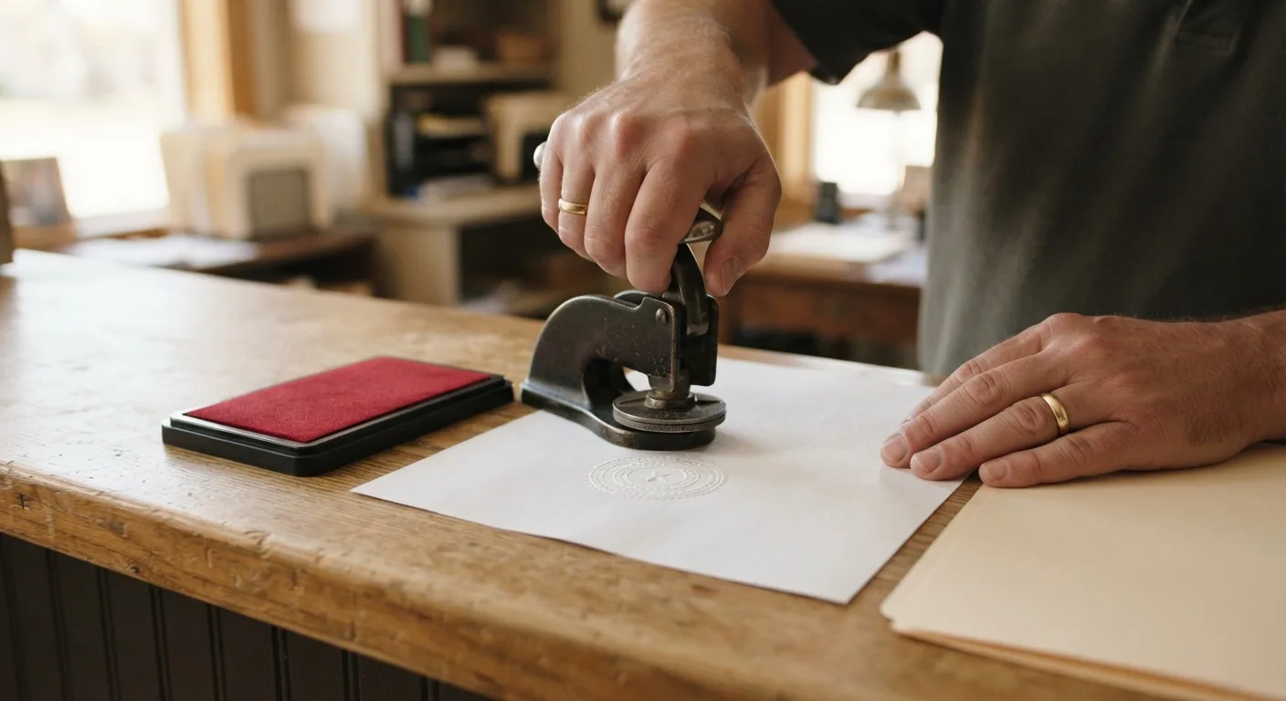 A commissioned Ohio notary pressing an inked embossing seal onto a signed document on a clean wooden counter beside a stamp pad and photo ID.