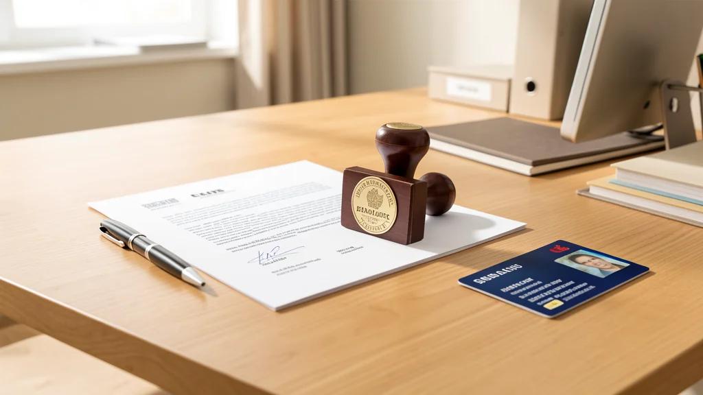A document being stamped with a notary seal on a clean hardwood counter, pen and ID card next to it, bright professional lighting
