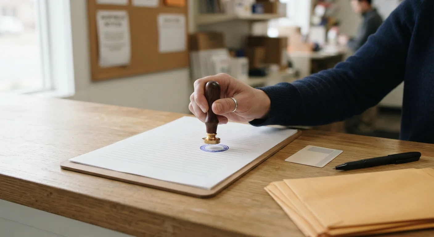 A hand pressing a notary seal onto a signed document at a wooden counter, with a driver's license and a pen resting beside the page.