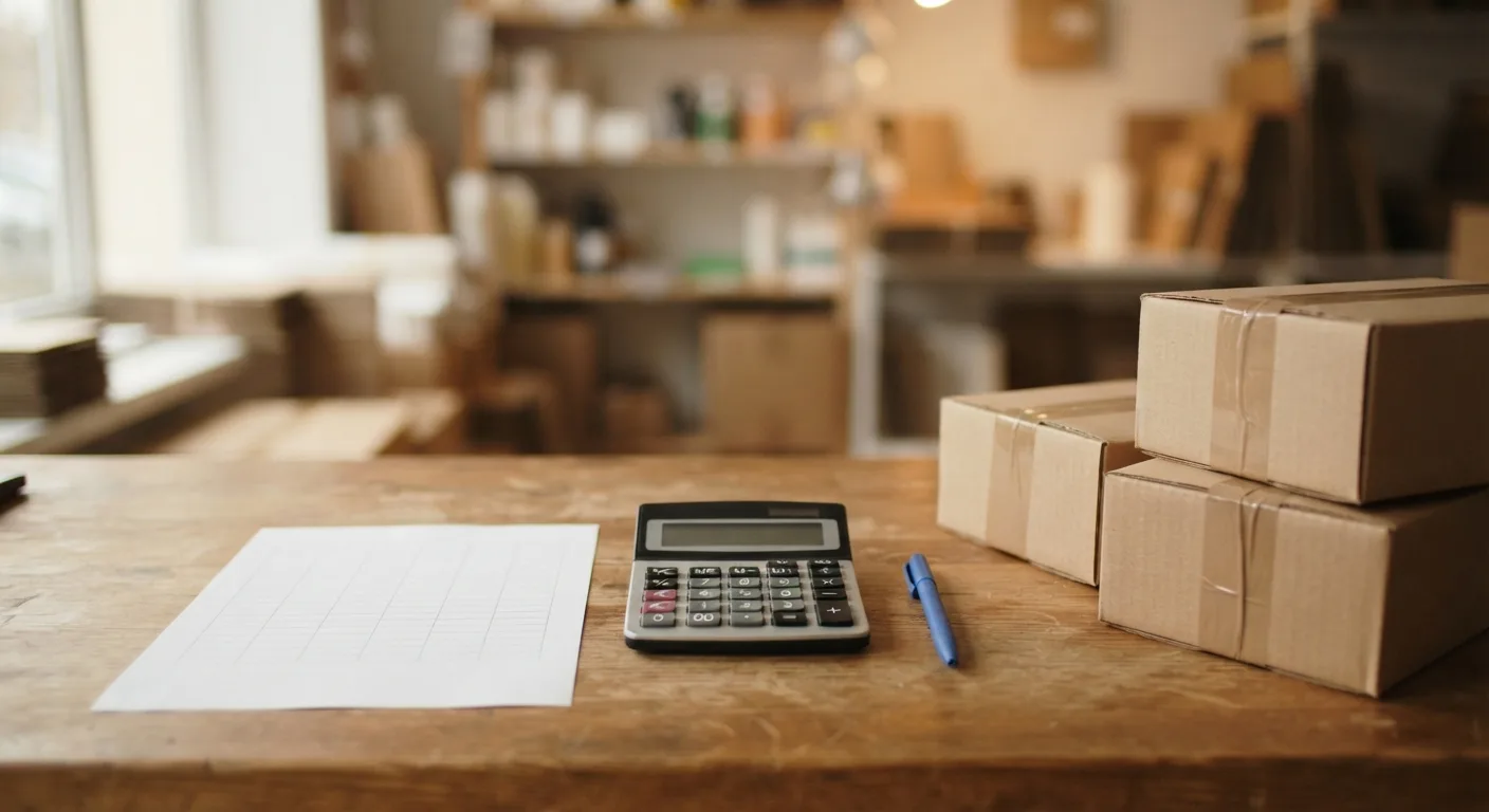 A small-business shipping budget sheet on a store counter with a calculator and two taped boxes waiting beside it, warm afternoon light — a northeast Ohio pack-and-ship counter preparing for 2027 carrier rate increases.