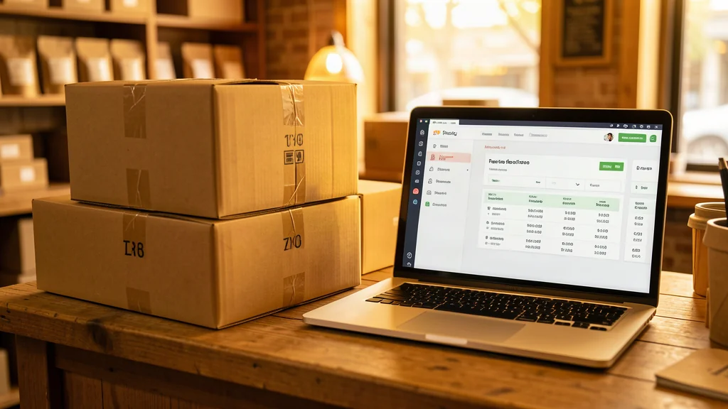 A stack of sealed shipping boxes on a counter beside a laptop showing a seller dashboard, warm storefront light — Mailbox Plus packing and shipping in Concord Township, OH.
