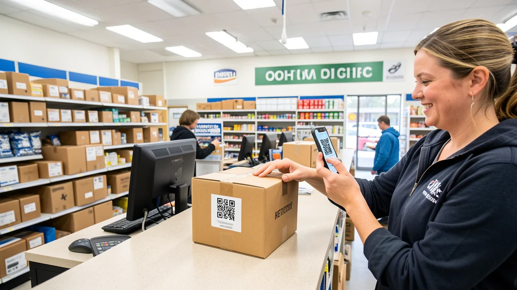 A customer scanning a QR code on their phone at the Mailbox Plus counter, a package ready to return on the counter, bright storefront lighting