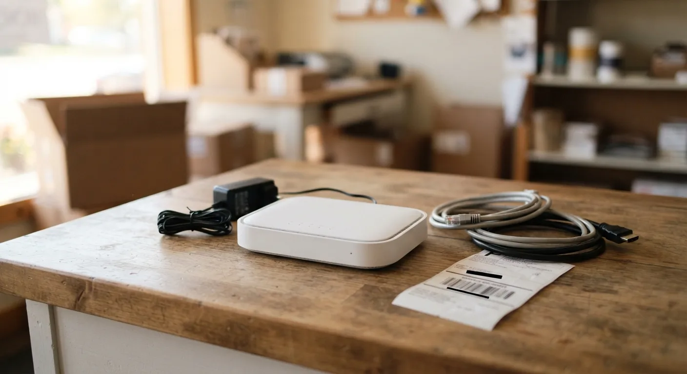 A white AT&T Wi-Fi gateway and a black power supply cord on a wooden counter in a shipping store, with coiled ethernet cables laid beside them — Mailbox Plus pack and ship in Concord Township, OH.