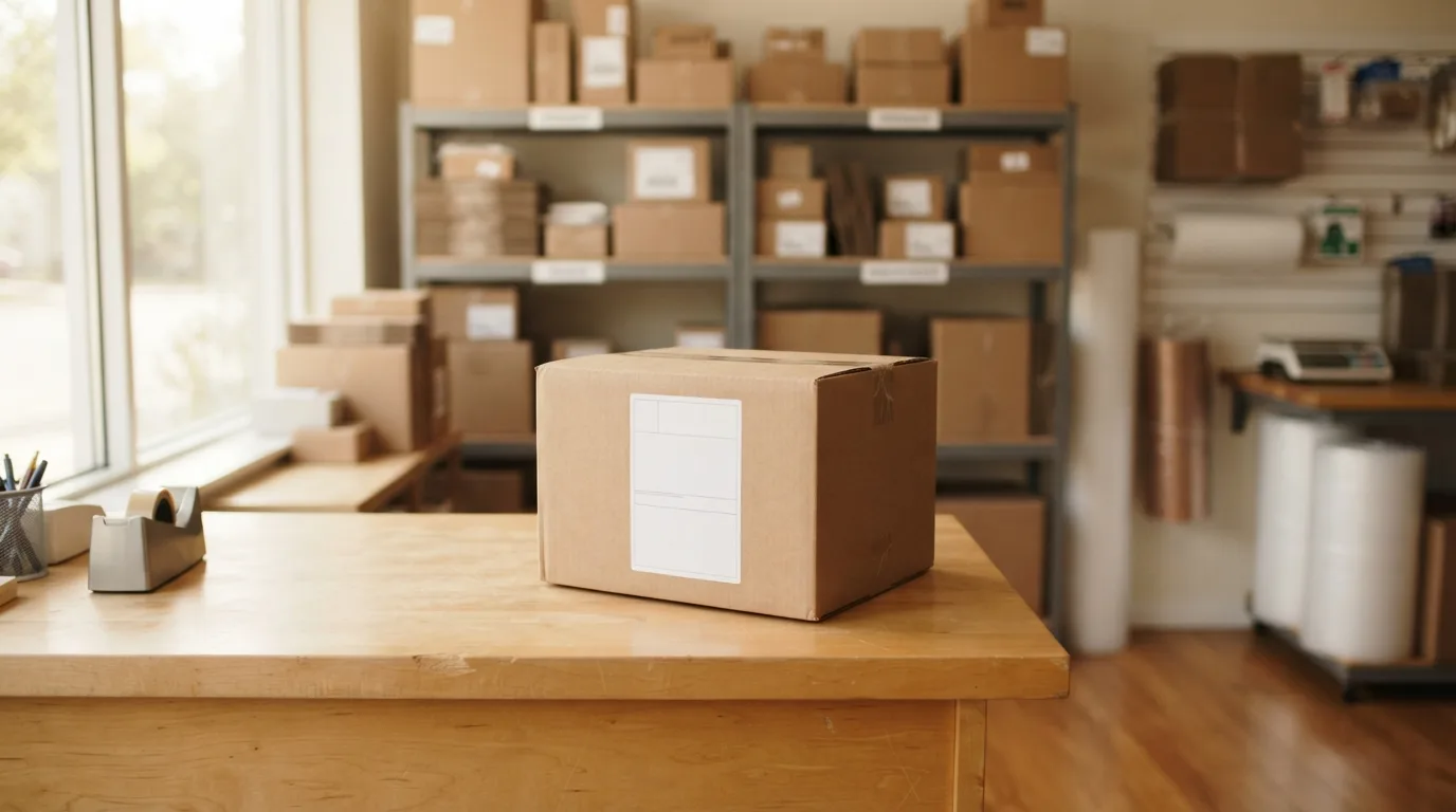 A brown cardboard box with a UPS label sitting on a clean shipping store counter next to carrier drop-off shelves, warm natural light — Mailbox Plus pack and ship in Concord Township, OH.