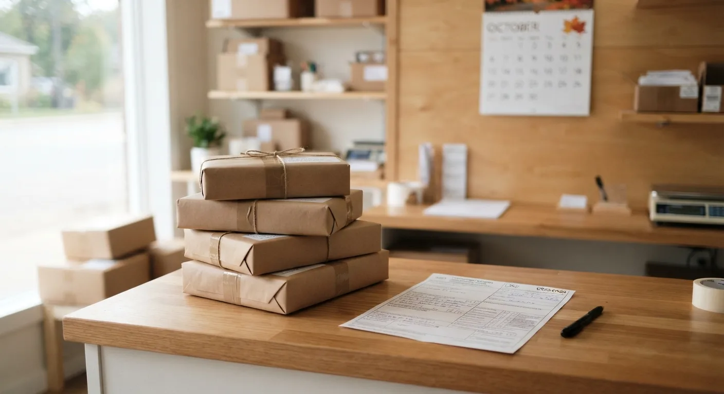 A stack of small international parcels on a shipping counter beside a customs paperwork form, with a wall calendar showing an October date in the background