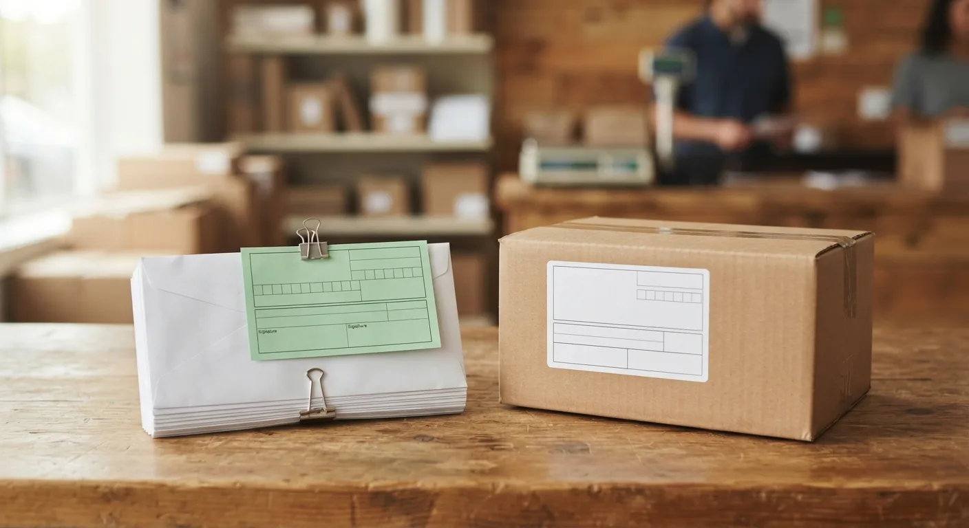 A stack of white envelopes with a green PS Form 3811 certified mail return receipt card clipped on top, next to a brown package wearing a carrier signature label.