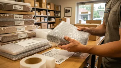 A person carefully holding a wrapped fragile item at a clean packing counter. Professional lighting, detailed textures.