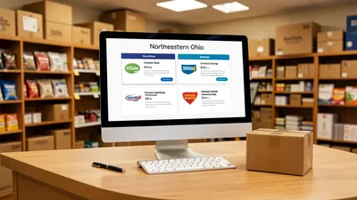 A shipping counter with a monitor showing four carrier rate options. Clean, modern, warm store interior.