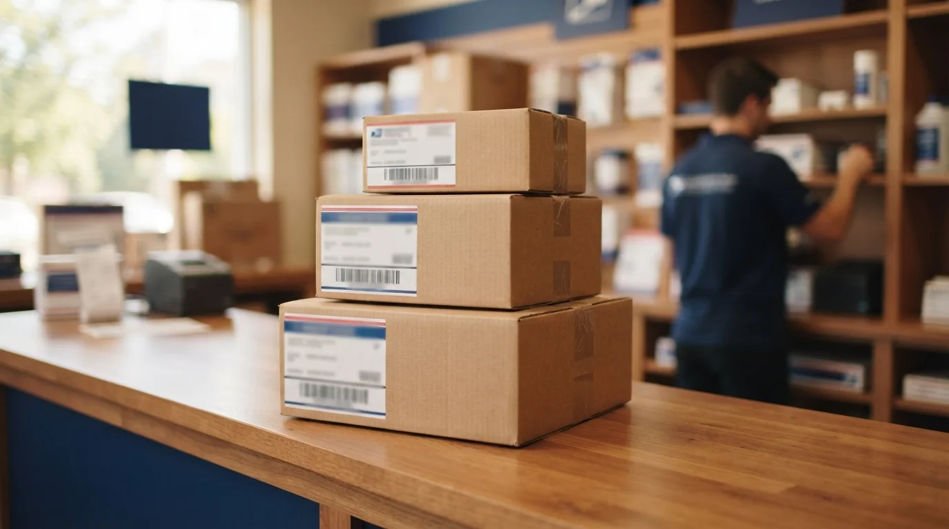 Three packages on a counter with different carrier labels