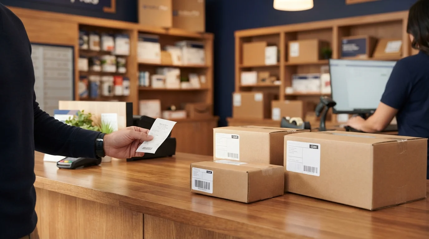 A hand holding a receipt at a counter, three packages already scanned and ready to go, warm store lighting