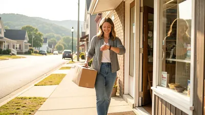 A person walking out of a store with packages handled, checking their watch, relaxed. Bright daylight, Chardon hills in the distance.