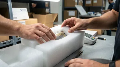 Valuable items being carefully packed with protective foam at a clean packing station. Close-up, professional, detailed.