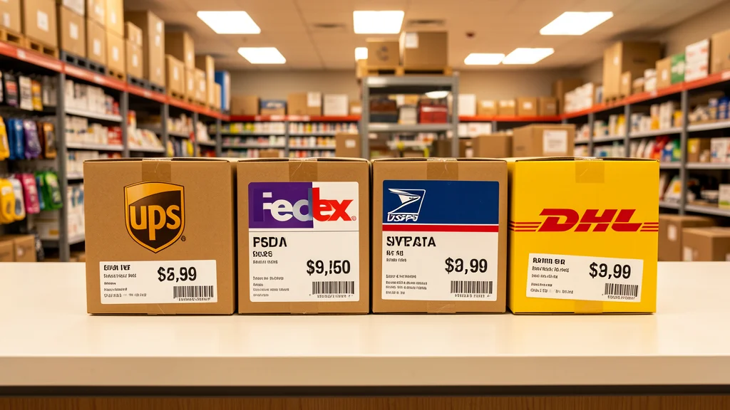 A package on a counter with four carrier labels side by side — UPS brown, FedEx purple, USPS blue, DHL yellow — with price tags visibly different