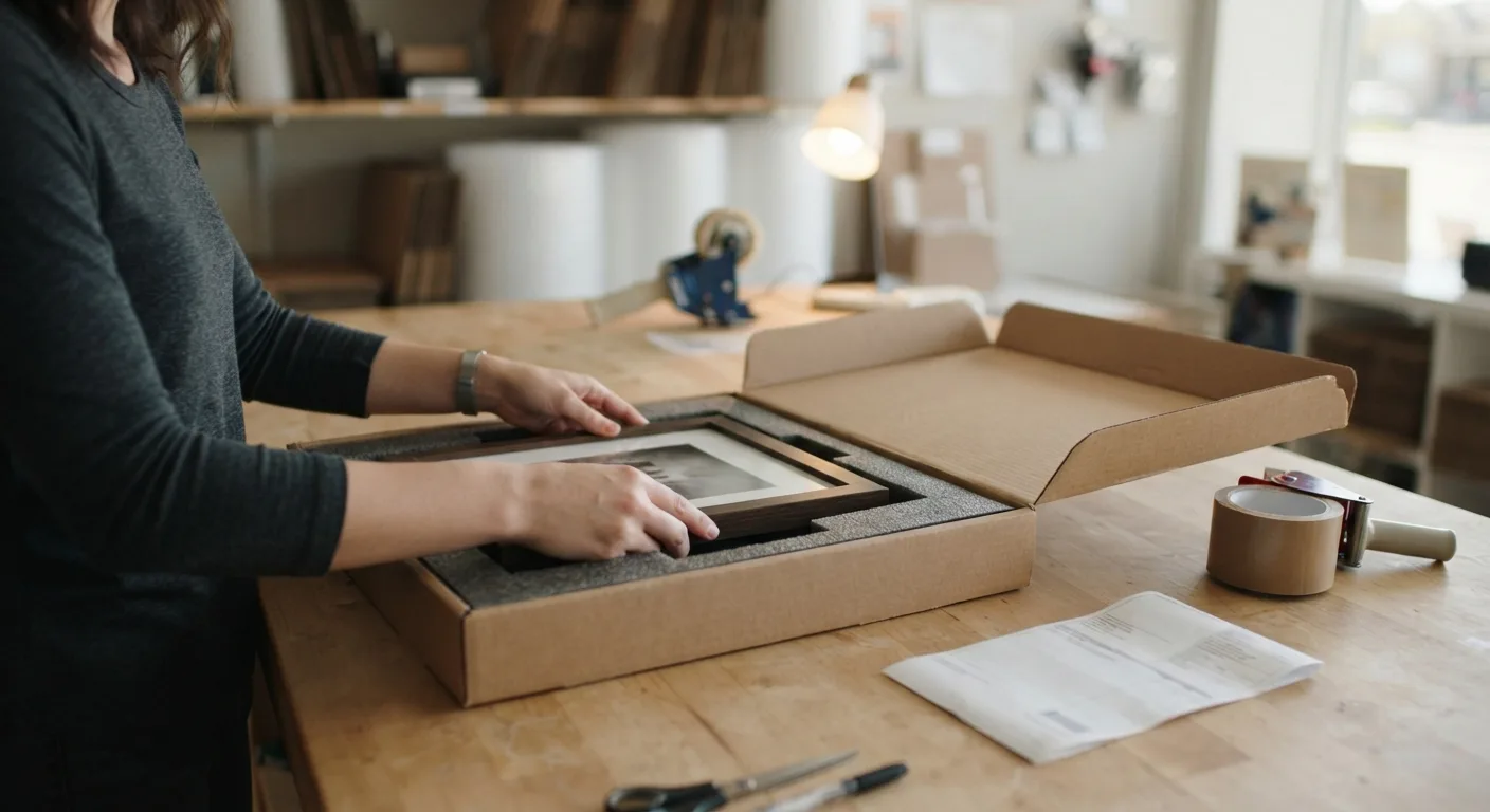 Valuable items being carefully packed with protective foam at a clean packing station. Close-up, professional, detailed — Mailbox Plus packing and shipping in Concord Township, OH.