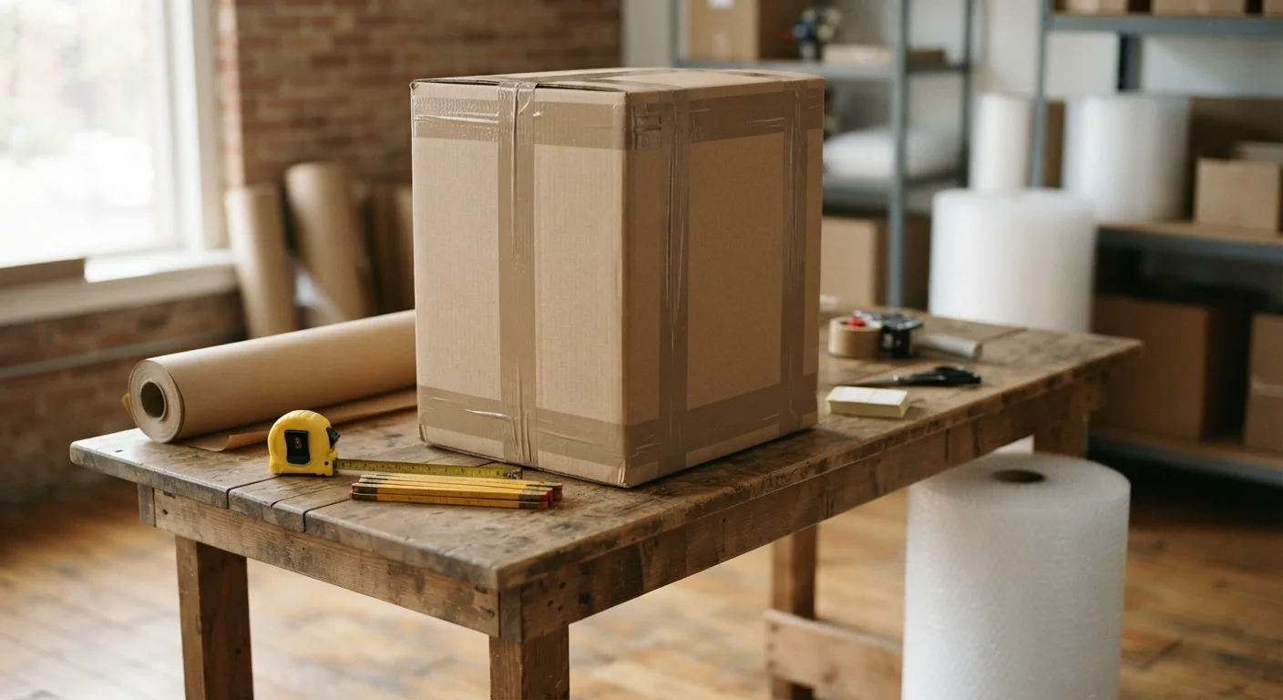 An oversized, heavily reinforced shipping box on a wooden packing bench beside a tape measure and kraft paper, ready for carrier pickup in Concord Township, OH.