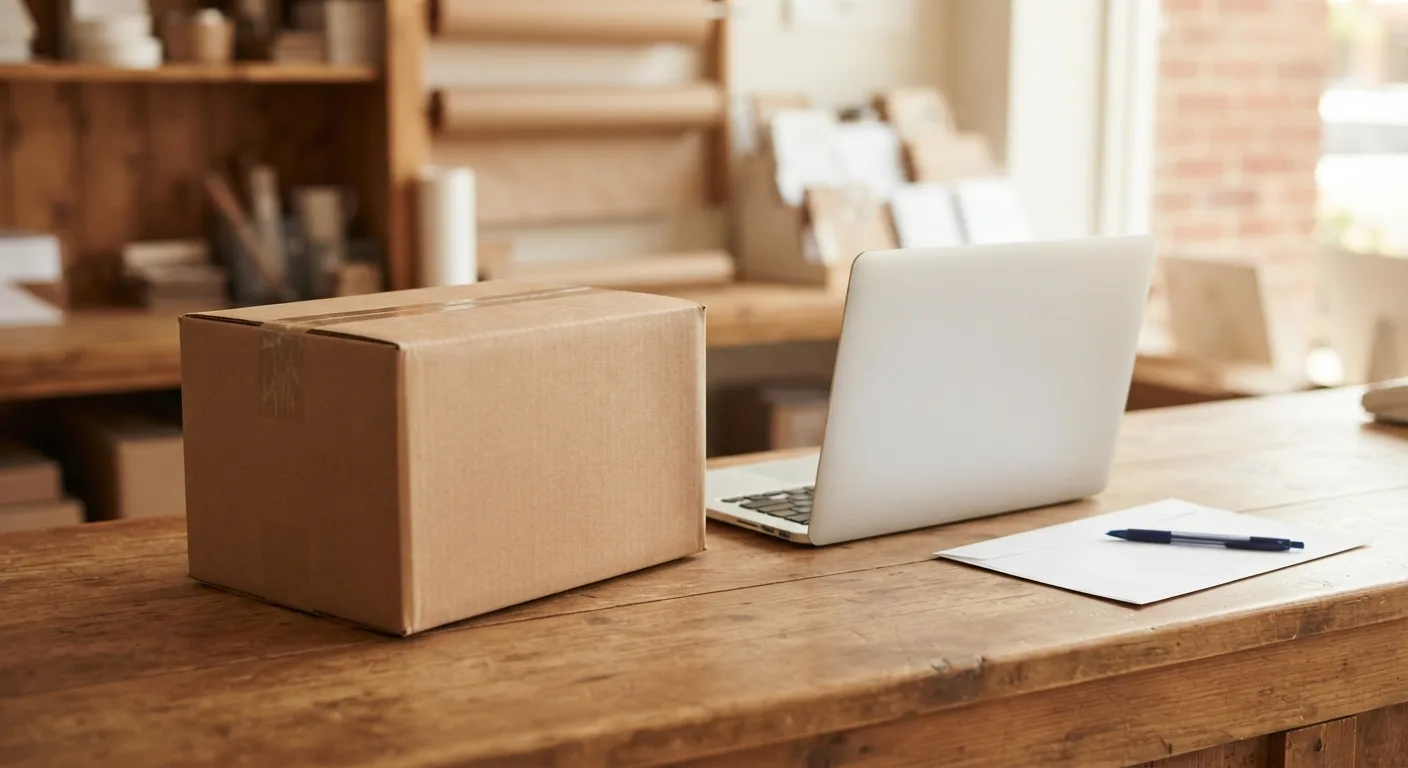 A small shipping box on a wooden store counter beside a laptop showing a checkout total, warm storefront light — a package drop-off counter in Concord Township, OH.