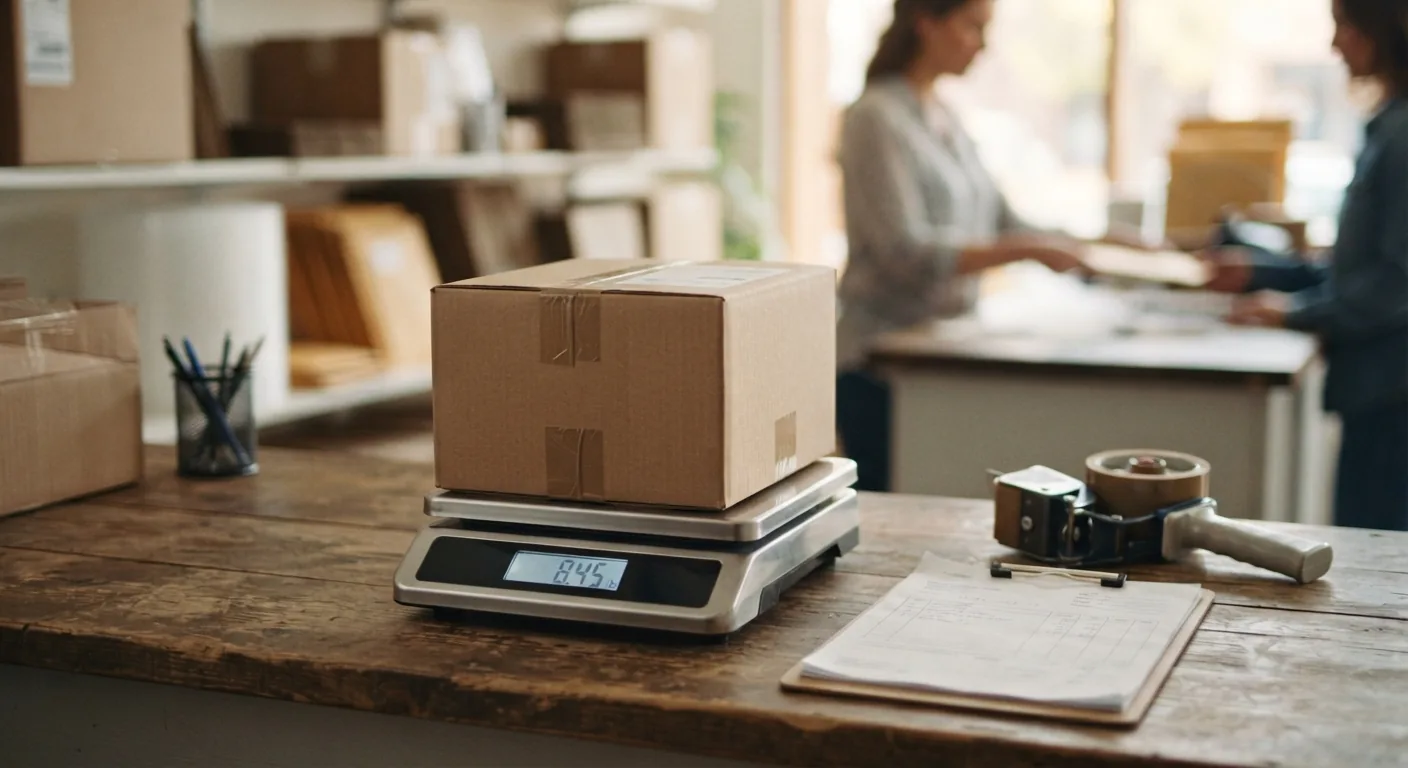 A sealed cardboard box on the parcel scale at the Mailbox Plus counter in Concord Township, with the carrier rate sheet beside it