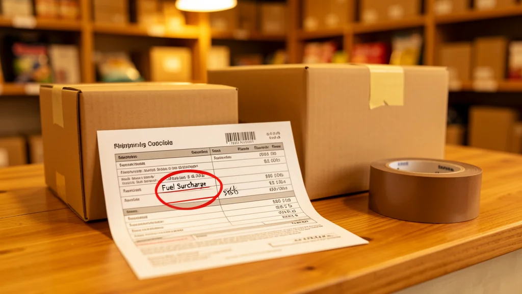 A shipping receipt with the fuel surcharge line item circled, sitting on a counter beside a taped box, warm store lighting — Mailbox Plus packing and shipping in Concord Township, OH.