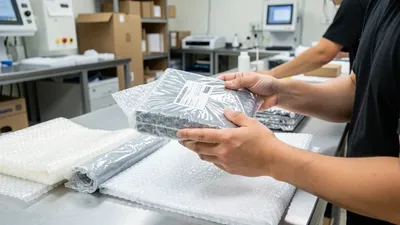 A cardboard box filled with bubble wrap and a ceramic dish packed for shipping