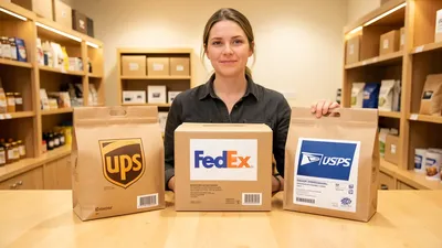 Three packages with different carrier labels stacked on a shipping counter