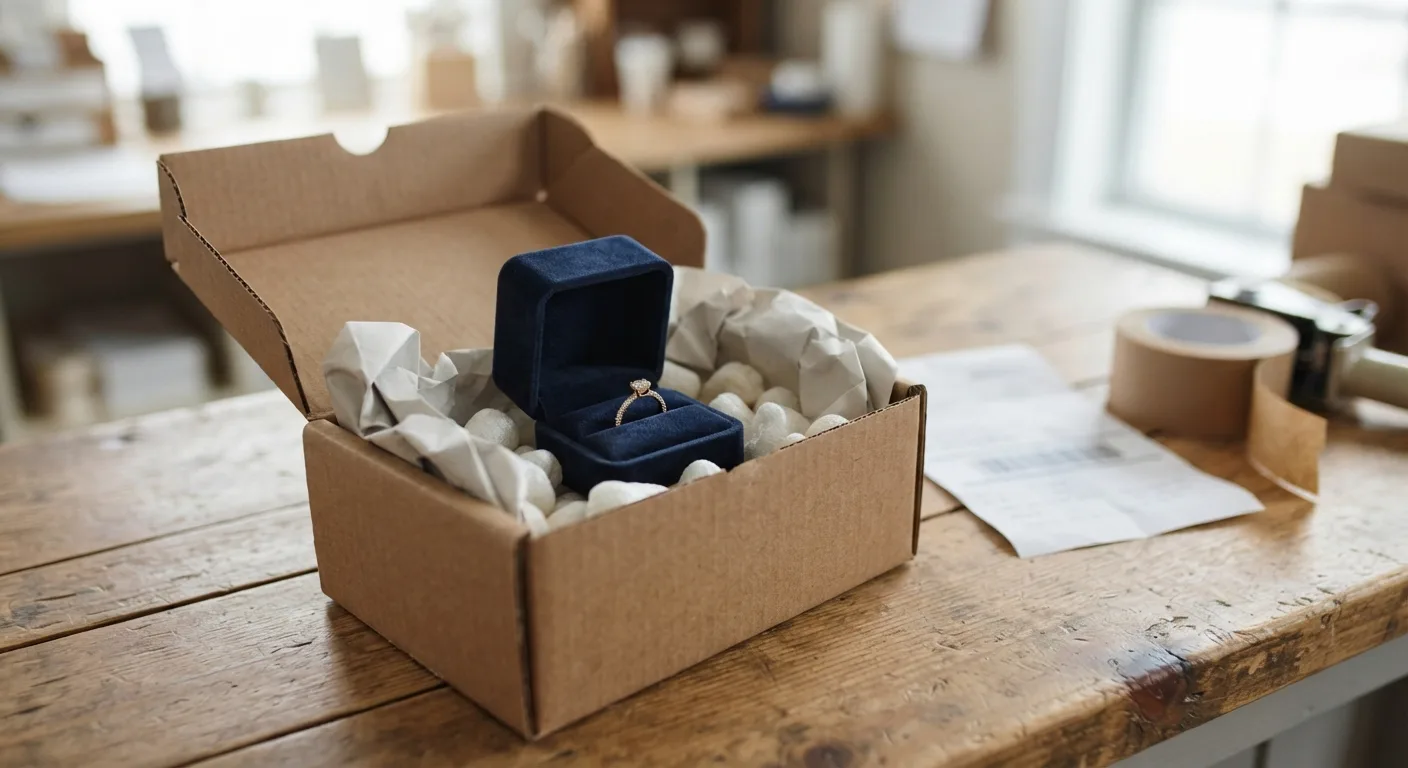 A gold ring inside a small padded jewelry box being nestled into a larger shipping carton with cushioning on a staffed shipping counter.