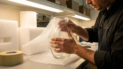 A person carefully wrapping a glass item in bubble wrap at a clean packing counter, professional lighting