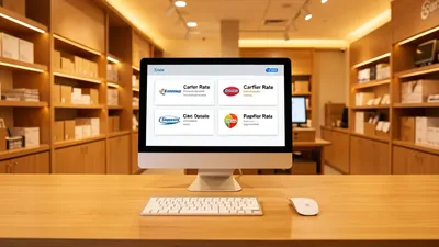 A shipping counter with a monitor showing four carrier rate options side by side, clean warm store interior