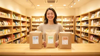 A person at a counter with three different packages, relieved smile, warm store interior, bright lighting
