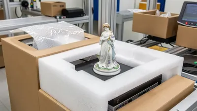 Valuable items being carefully packed with protective foam at a clean packing station, close-up professional
