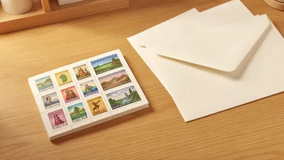 A book of Forever stamps on a store counter next to outgoing mail, clean simple warm lighting