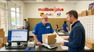 Mailbox Plus service counter in Concord Township, providing professional packing and multi-carrier choices for Chardon residents.