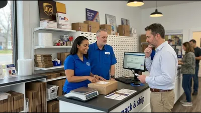 A professional shipping counter in Chardon Township, Ohio, prepared for efficient package handling and shipping.