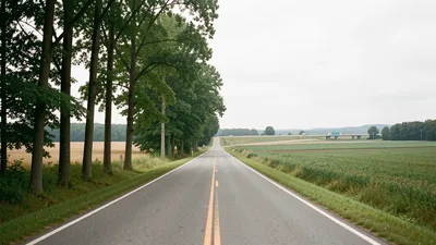 A long, quiet rural road winding through Geauga County farmland