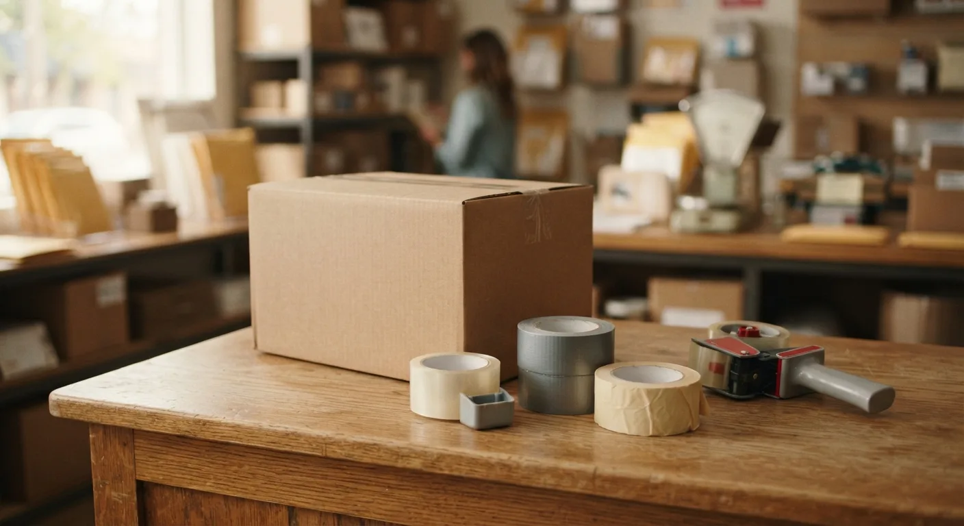 Several rolls of different packing tape arranged on a wooden counter beside a sealed cardboard shipping box in a warm, well-lit shipping store — Mailbox Plus in Concord Township, OH.