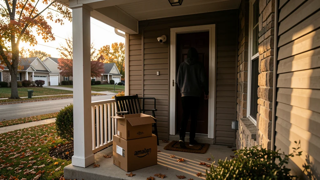 A residential front porch in Concord Township with a delivered package visible from the street, a shadowy figure approaching in the background, tense suburban evening light