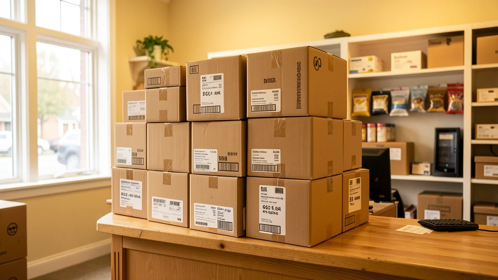 Cardboard shipping boxes sealed with tape and labels, stacked for recycling at Mailbox Plus in Concord Township, Ohio